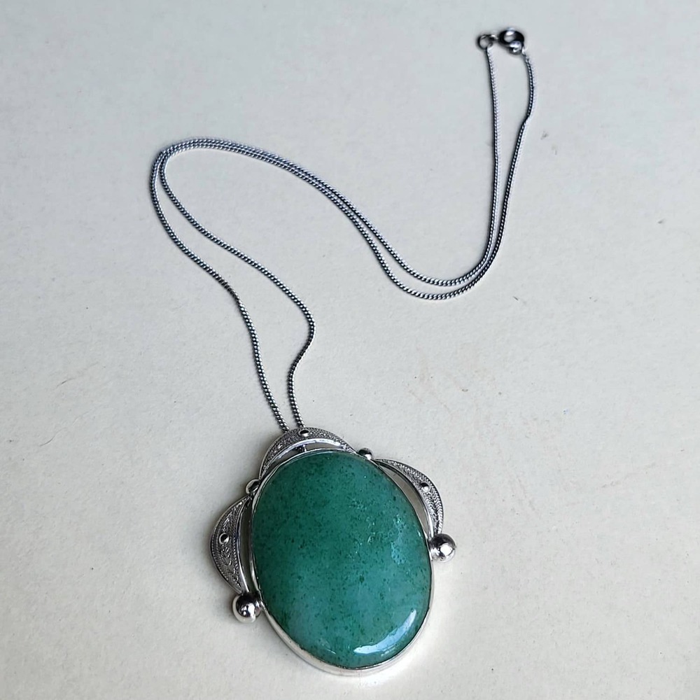 Vintage Italian 925 Sterling Silver Green Aventurine Filigree Pendant Necklace